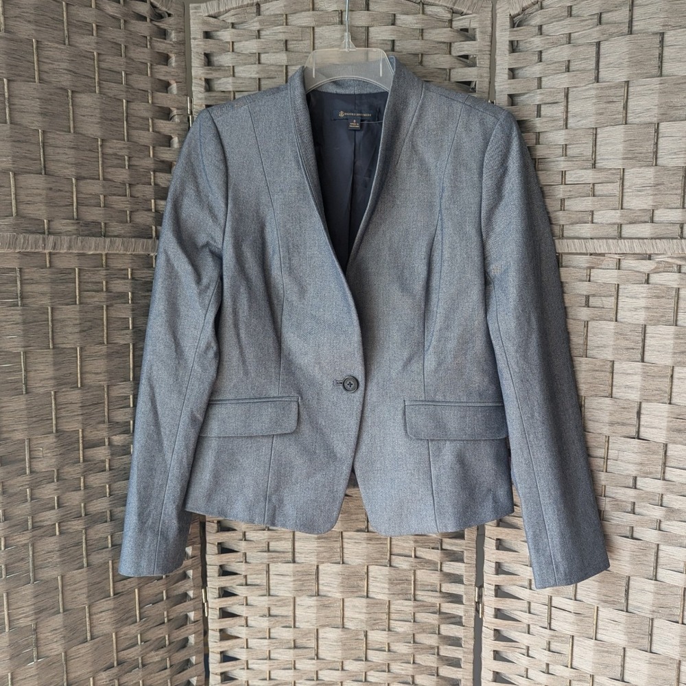 Brooks Brothers Blazer Blue Grey Stand Collar Single Button Sz 8‎ Corporate Chic